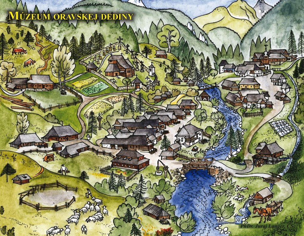 kreslená mapa skanzenu Zuberec, mapa múzea Oravskej dediny 